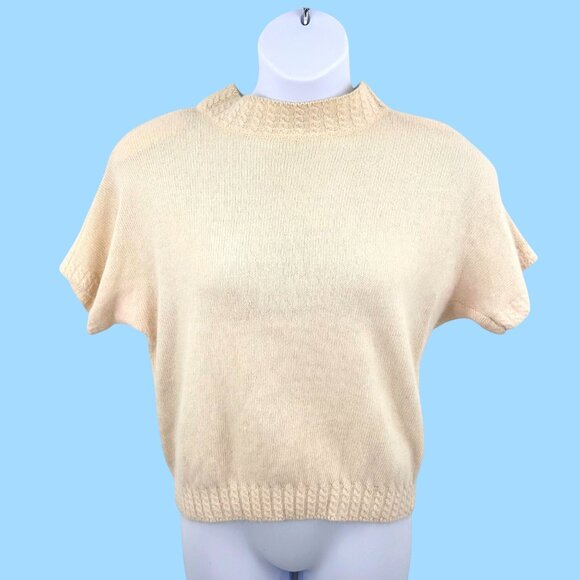 VINTAGE CREAM CHAUS LAMBSWOOL ANGORA SHORT SLEEVE SWEATER TEXTURED HEM & COLLAR - Picture 1 of 8